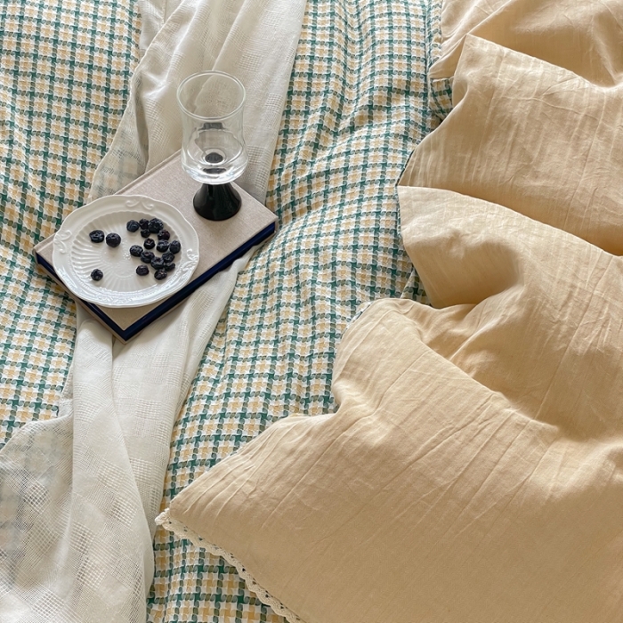 91家纺网 家纺一手货源 找家纺 （总）圆岛 2022新款色织小提花花边款全棉水洗棉四件套