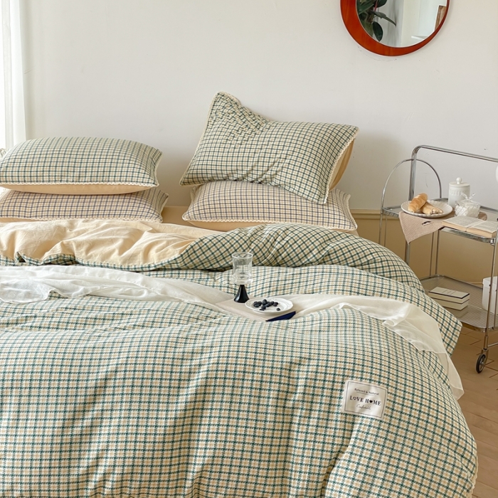 91家纺网 家纺一手货源 找家纺 （总）圆岛 2022新款色织小提花花边款全棉水洗棉四件套