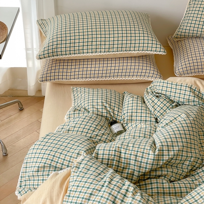 91家纺网 家纺一手货源 找家纺 （总）圆岛 2022新款色织小提花花边款全棉水洗棉四件套