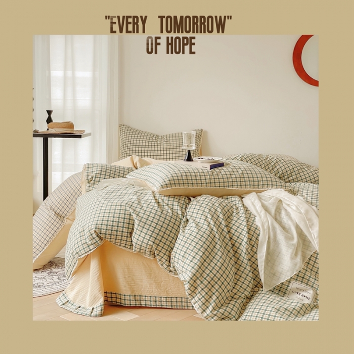 91家纺网 家纺一手货源 找家纺 （总）圆岛 2022新款色织小提花花边款全棉水洗棉四件套