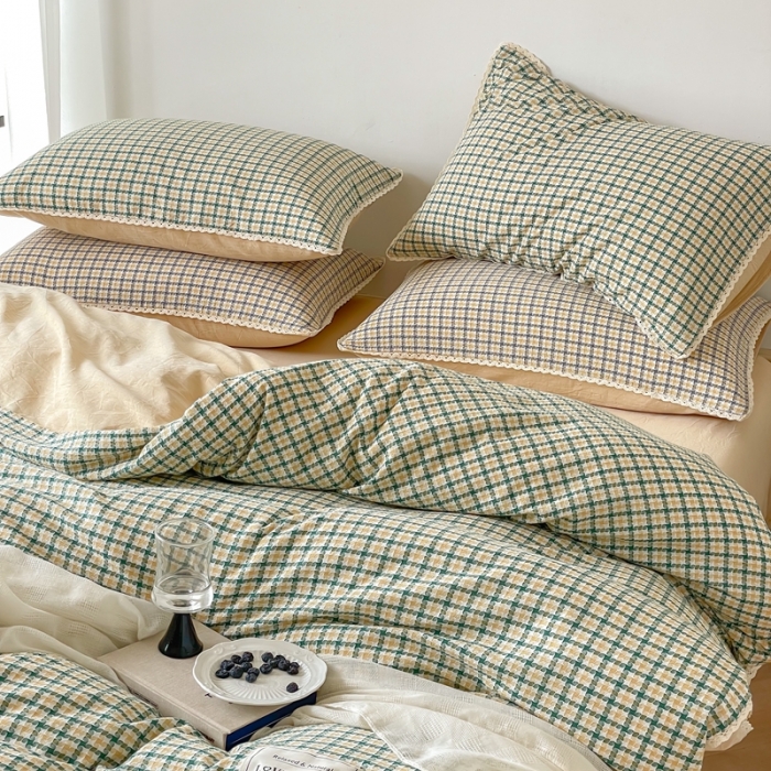 91家纺网 家纺一手货源 找家纺 圆岛 2022新款色织小提花花边款全棉水洗棉四件套 豆绿拼黄