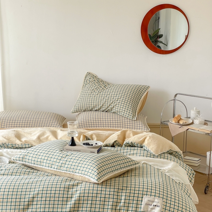 91家纺网 家纺一手货源 找家纺 圆岛 2022新款色织小提花花边款全棉水洗棉四件套 豆绿拼黄