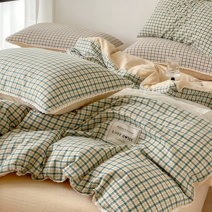 91家纺网 家纺一手货源 找家纺 圆岛 2022新款色织小提花花边款全棉水洗棉四件套 豆绿拼黄