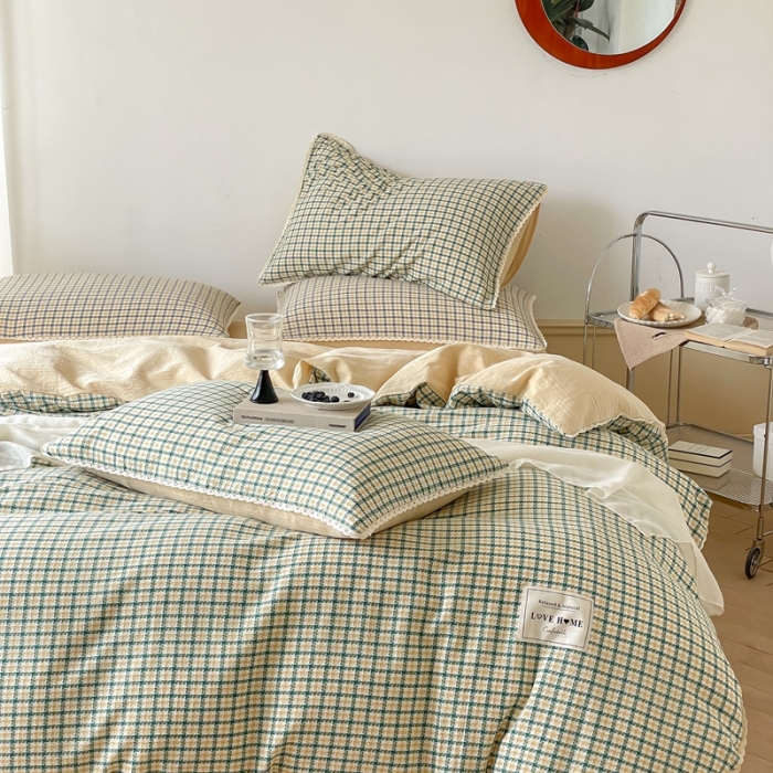 91家纺网 家纺一手货源 找家纺 圆岛 2022新款色织小提花花边款全棉水洗棉四件套 豆绿拼黄