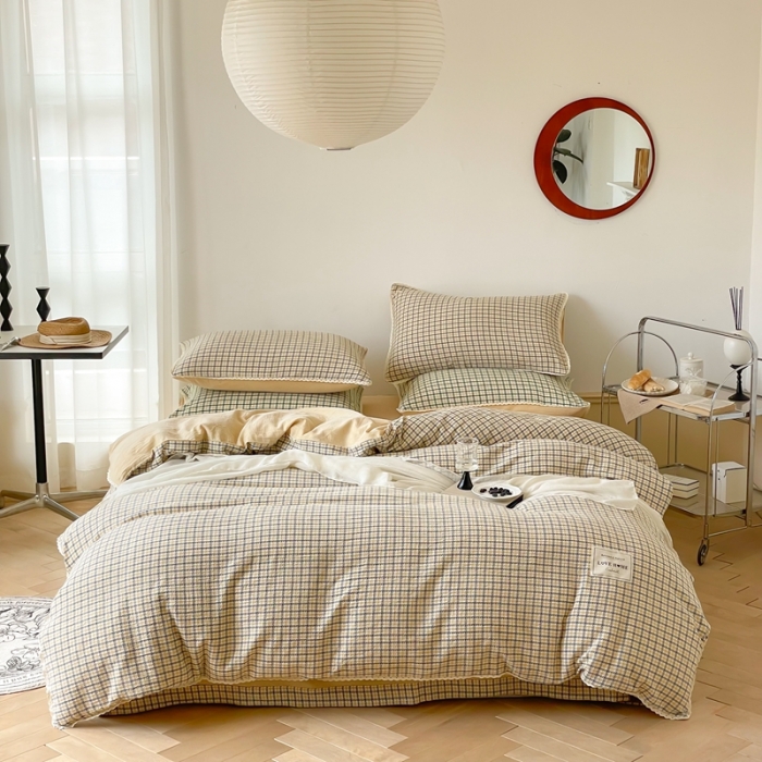 91家纺网 家纺一手货源 找家纺 圆岛 2022新款色织小提花花边款全棉水洗棉四件套 奶茶拼黄