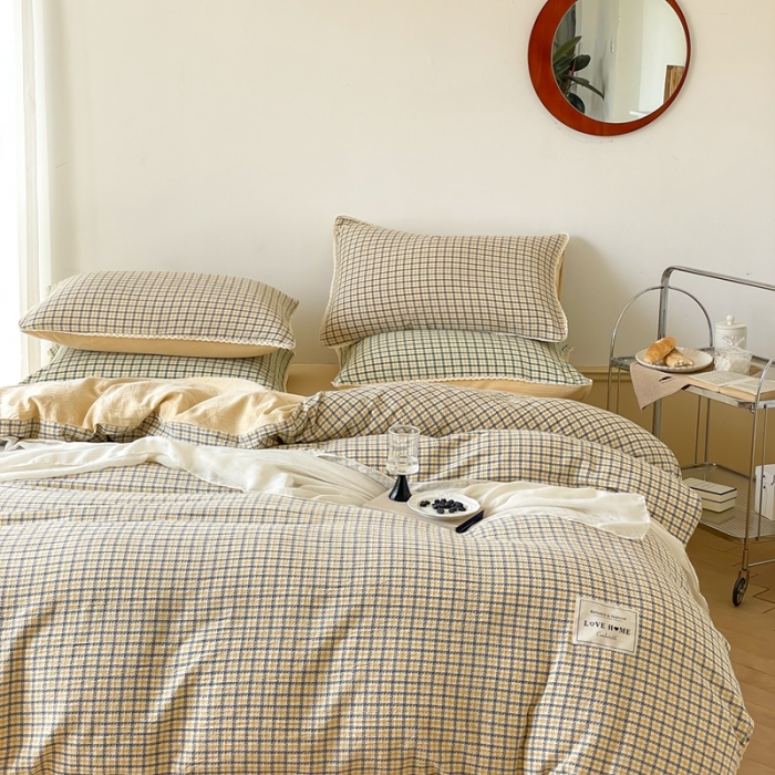 91家纺网 家纺一手货源 找家纺 圆岛 2022新款色织小提花花边款全棉水洗棉四件套 奶茶拼黄