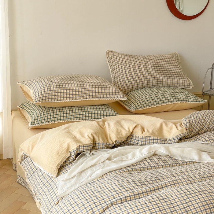 91家纺网 家纺一手货源 找家纺 圆岛 2022新款色织小提花花边款全棉水洗棉四件套 奶茶拼黄