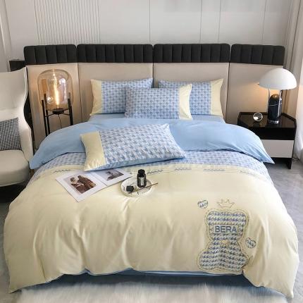 91家纺网 家纺一手货源 找家纺 澳梵 2022新款时尚轻奢全棉刺绣贴布绣四件套 千鸟格-熊蓝