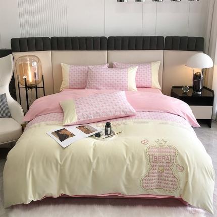 澳梵 2022新款时尚轻奢全棉刺绣贴布绣四件套 千鸟格-熊粉