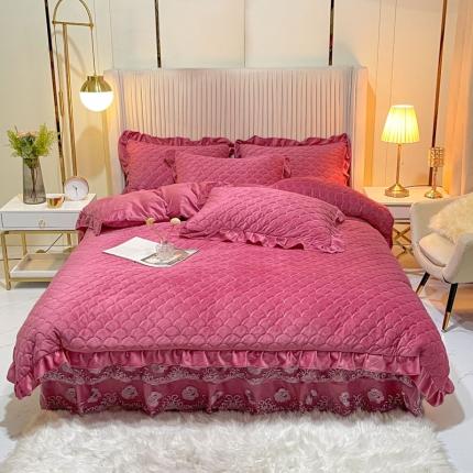 91家纺网 家纺一手货源 找家纺 畅销被业 2022网红款水晶绒绗缝床裙绗缝被套款四件套法莱绒 红豆沙