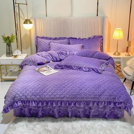 91家纺网 家纺一手货源 找家纺 畅销被业 2022网红款水晶绒绗缝床裙绗缝被套款四件套法莱绒 紫雪青