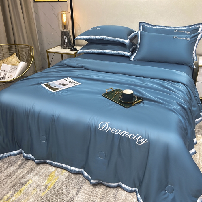91家纺网 家纺一手货源 找家纺 丽卡家纺 2023新款水洗天丝刺绣夏被四件套梦幻-宾利蓝