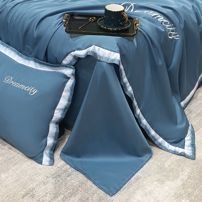 91家纺网 家纺一手货源 找家纺 丽卡家纺 2023新款水洗天丝刺绣夏被四件套梦幻-宾利蓝