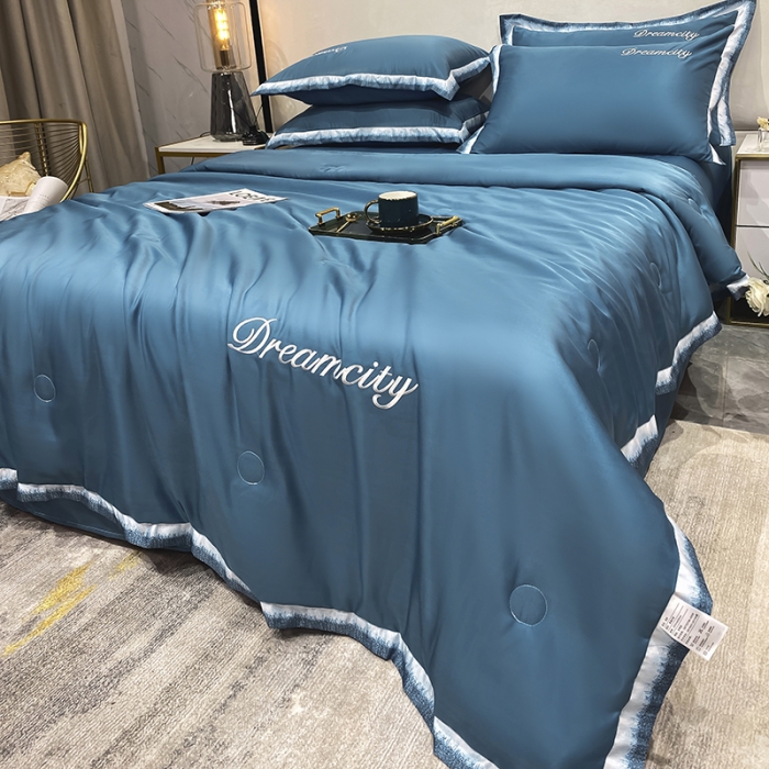 91家纺网 家纺一手货源 找家纺 丽卡家纺 2023新款水洗天丝刺绣夏被四件套梦幻-宾利蓝