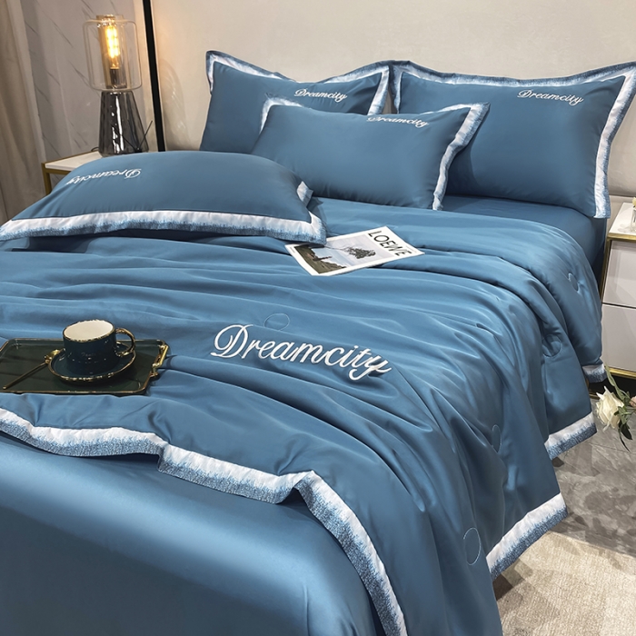 91家纺网 家纺一手货源 找家纺 丽卡家纺 2023新款水洗天丝刺绣夏被四件套梦幻-宾利蓝