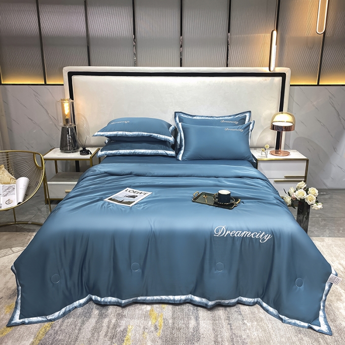 91家纺网 家纺一手货源 找家纺 丽卡家纺 2023新款水洗天丝刺绣夏被四件套梦幻-宾利蓝