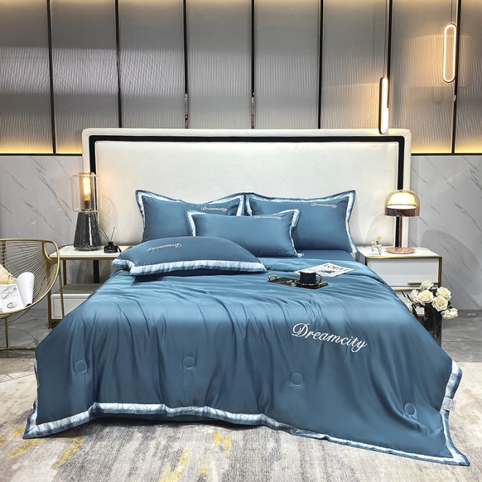 91家纺网 家纺一手货源 找家纺 丽卡家纺 2023新款水洗天丝刺绣夏被四件套梦幻-宾利蓝