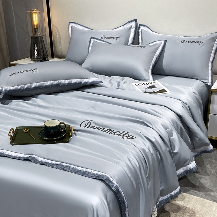 91家纺网 家纺一手货源 找家纺 丽卡家纺 2023新款水洗天丝刺绣夏被四件套梦幻-海青