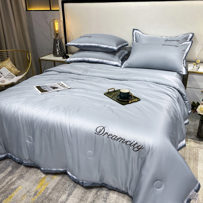 91家纺网 家纺一手货源 找家纺 丽卡家纺 2023新款水洗天丝刺绣夏被四件套梦幻-海青