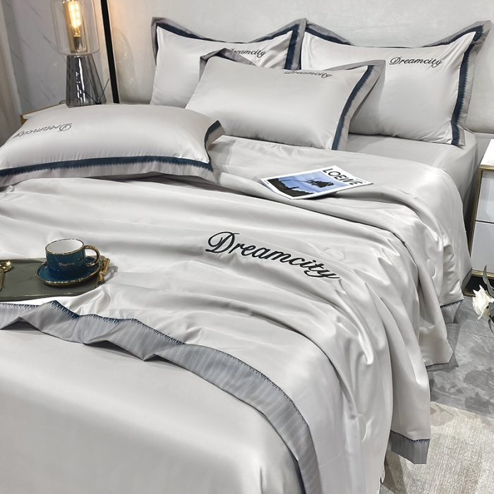 91家纺网 家纺一手货源 找家纺 丽卡家纺 2023新款水洗天丝刺绣夏被四件套 梦幻-米灰