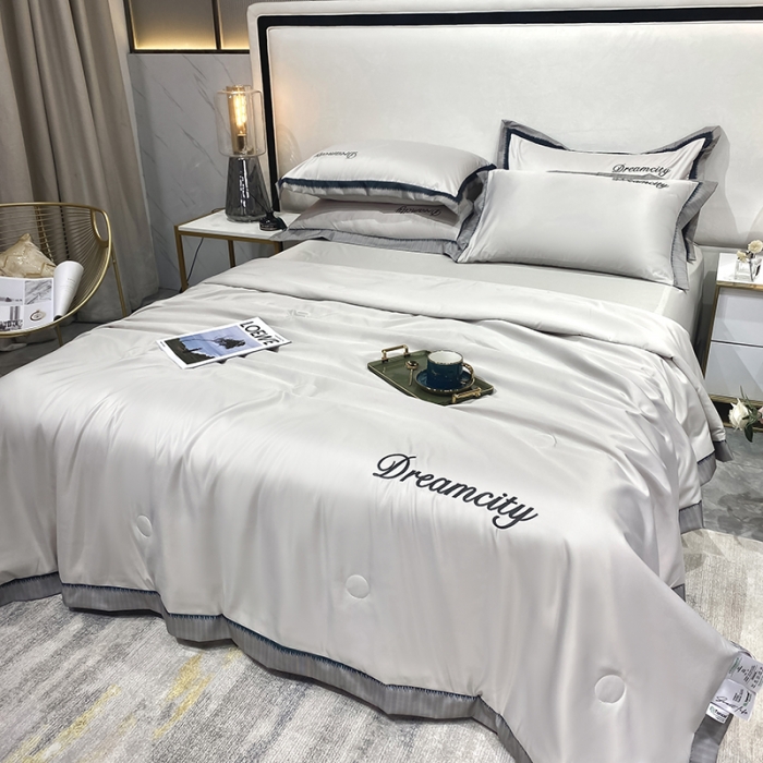 91家纺网 家纺一手货源 找家纺 丽卡家纺 2023新款水洗天丝刺绣夏被四件套 梦幻-米灰