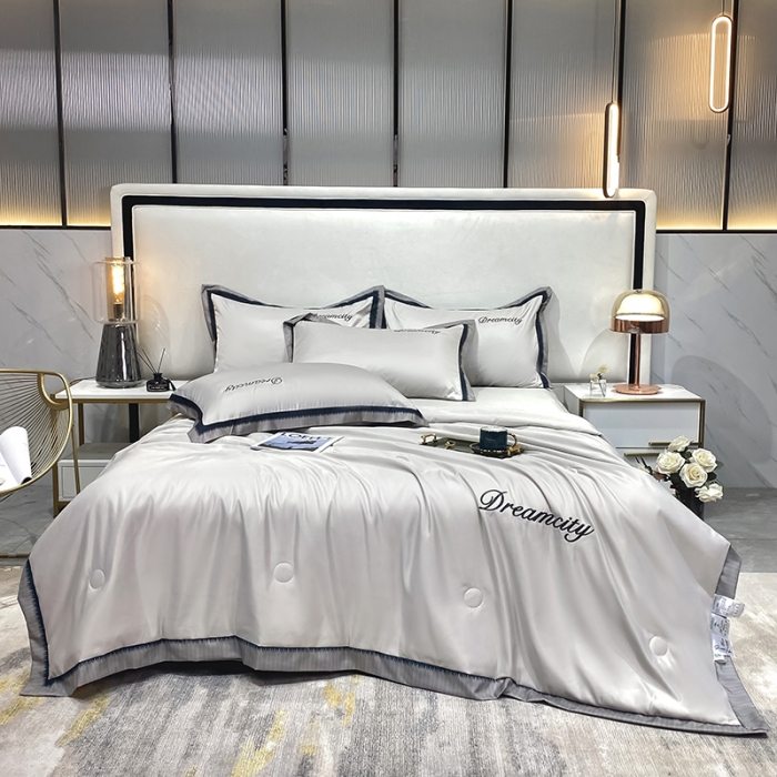 91家纺网 家纺一手货源 找家纺 丽卡家纺 2023新款水洗天丝刺绣夏被四件套 梦幻-米灰