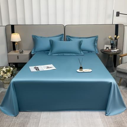 91家纺网 家纺一手货源 找家纺 秀色2025新款100支纯色双拼四件套长绒棉单床单莫奈雾霾蓝