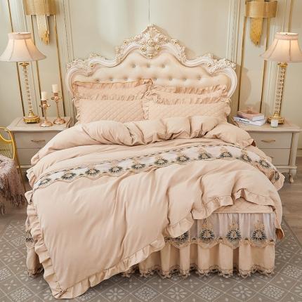 91家纺网 家纺一手货源 找家纺 屹成家纺 2024新款天竺棉夹棉床裙四件套 典雅驼