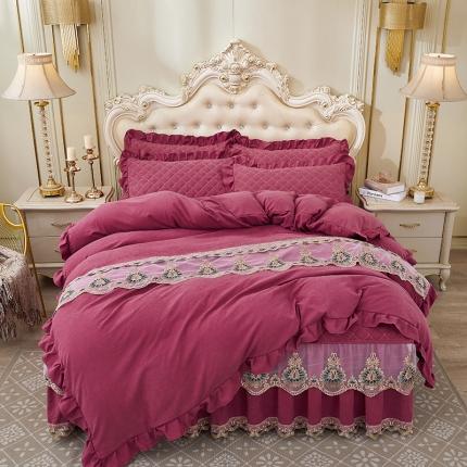 91家纺网 家纺一手货源 找家纺 屹成家纺 2024新款天竺棉夹棉床裙四件套 豆沙