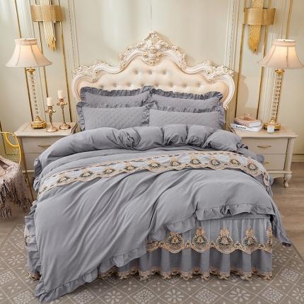 91家纺网 家纺一手货源 找家纺 屹成家纺 2024新款天竺棉夹棉床裙四件套 经典灰