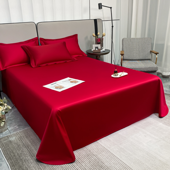 91家纺网 家纺一手货源 找家纺 秀色2025新款100支纯色双拼四件套长绒棉单床单莫奈海棠红