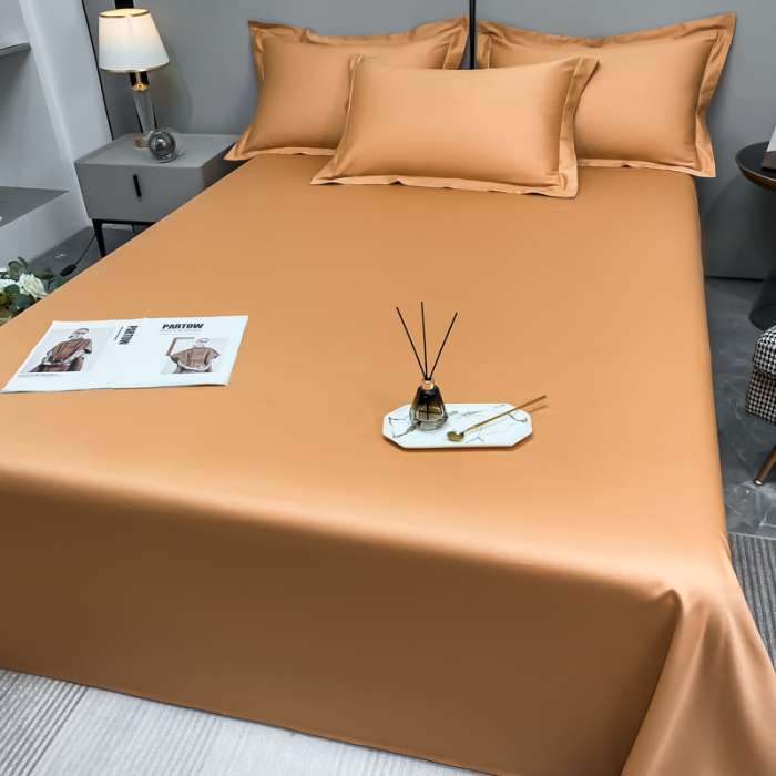 91家纺网 家纺一手货源 找家纺 秀色2025新款100支纯色双拼四件套长绒棉单床单莫奈南瓜橘