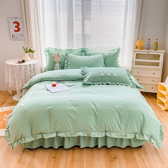 91家纺网 家纺一手货源 找家纺 金米诺 2022新款亲肤水洗磨毛床裙款四件套-心之恋 薄荷绿