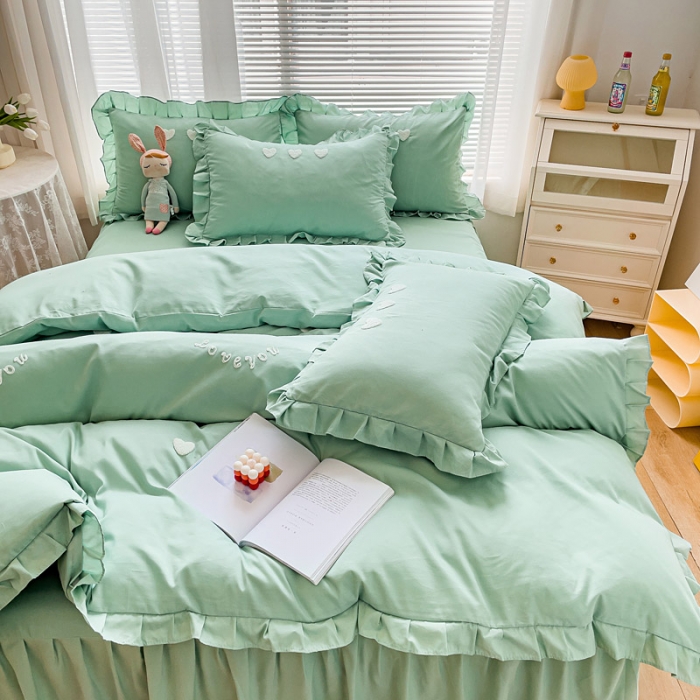 91家纺网 家纺一手货源 找家纺 金米诺 2022新款亲肤水洗磨毛床裙款四件套-心之恋 薄荷绿