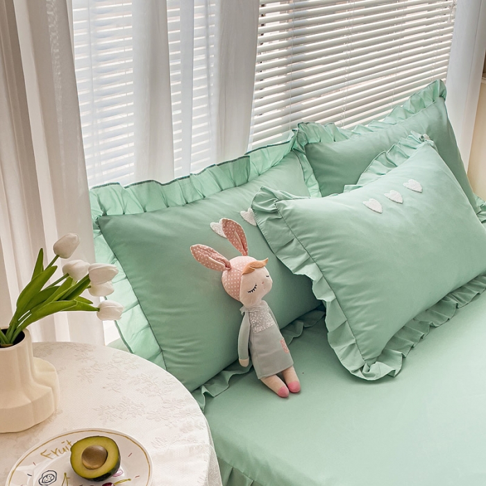 91家纺网 家纺一手货源 找家纺 金米诺 2022新款亲肤水洗磨毛床裙款四件套-心之恋 薄荷绿