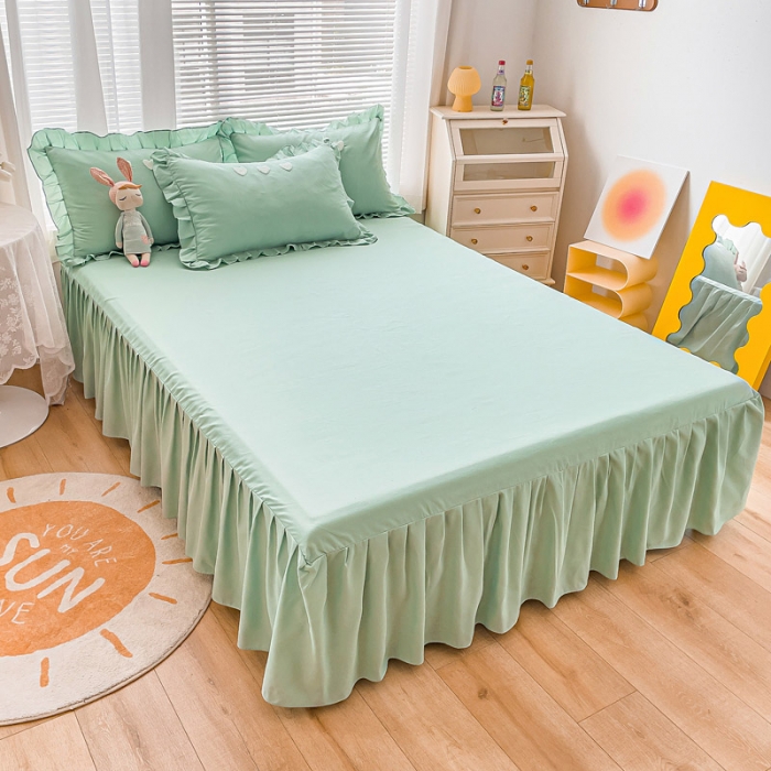 91家纺网 家纺一手货源 找家纺 金米诺 2022新款亲肤水洗磨毛床裙款四件套-心之恋 薄荷绿