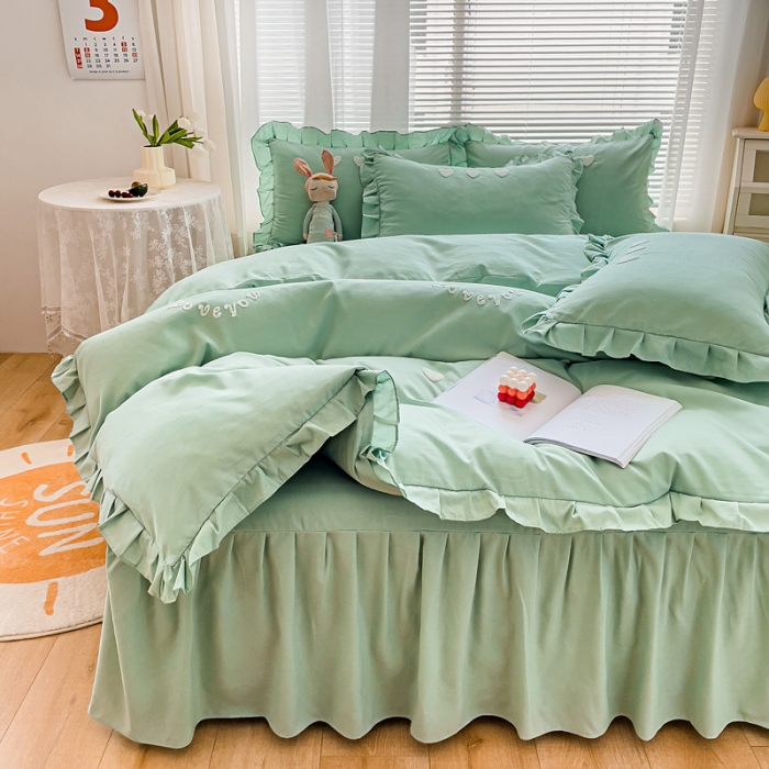 91家纺网 家纺一手货源 找家纺 金米诺 2022新款亲肤水洗磨毛床裙款四件套-心之恋 薄荷绿