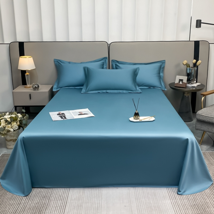 91家纺网 家纺一手货源 找家纺 秀色2025新款100支纯色双拼四件套长绒棉单床单莫奈雾霾蓝