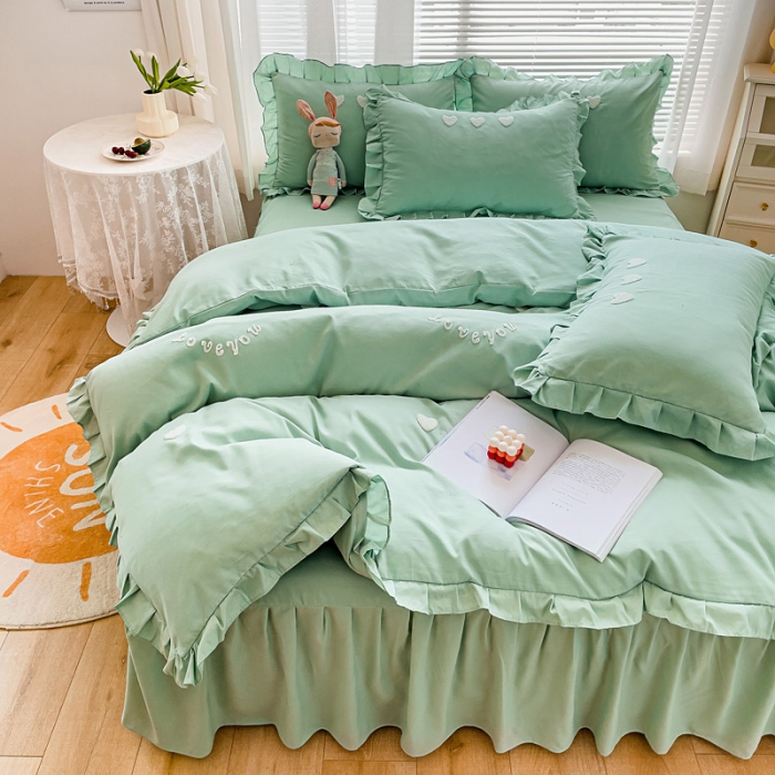 91家纺网 家纺一手货源 找家纺 金米诺 2022新款亲肤水洗磨毛床裙款四件套-心之恋 薄荷绿