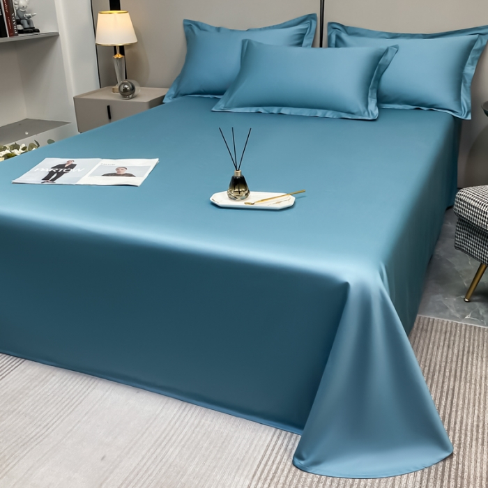 91家纺网 家纺一手货源 找家纺 秀色2025新款100支纯色双拼四件套长绒棉单床单莫奈雾霾蓝