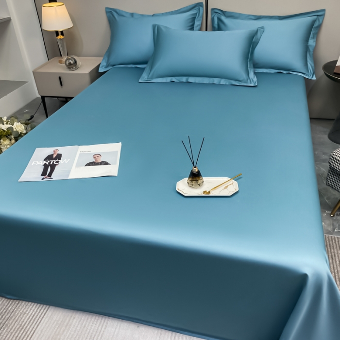 91家纺网 家纺一手货源 找家纺 秀色2025新款100支纯色双拼四件套长绒棉单床单莫奈雾霾蓝