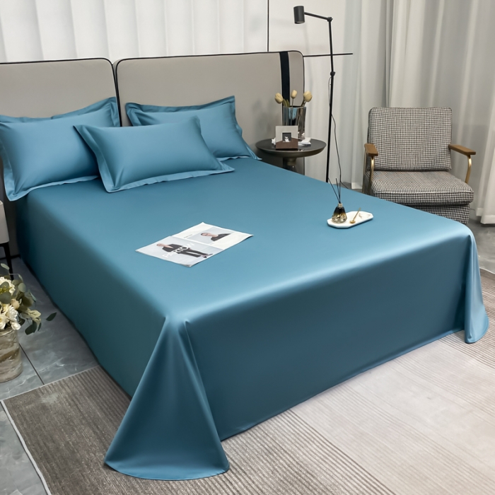 91家纺网 家纺一手货源 找家纺 秀色2025新款100支纯色双拼四件套长绒棉单床单莫奈雾霾蓝