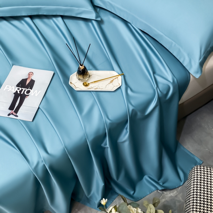 91家纺网 家纺一手货源 找家纺 秀色2025新款100支纯色双拼四件套长绒棉单床单莫奈雾霾蓝