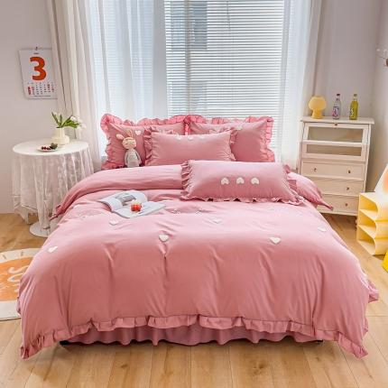 金米诺 2022新款亲肤水洗磨毛床裙款四件套-心之恋 豆沙