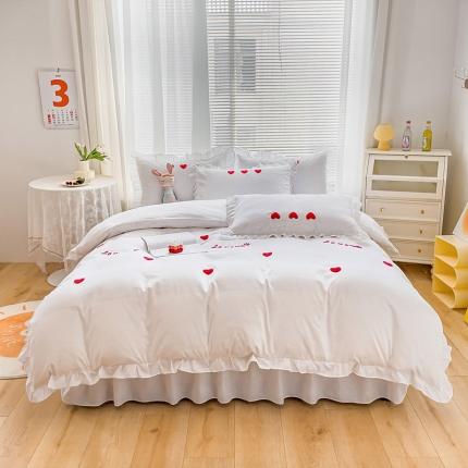 金米诺 2022新款亲肤水洗磨毛床裙款四件套-心之恋 珍珠白
