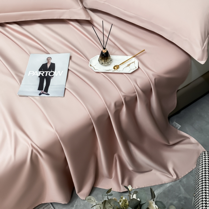 91家纺网 家纺一手货源 找家纺 秀色2025新款100支纯色双拼四件套长绒棉单床单莫奈玉颜粉