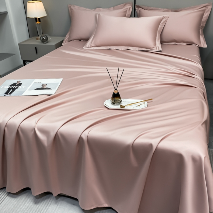 91家纺网 家纺一手货源 找家纺 秀色2025新款100支纯色双拼四件套长绒棉单床单莫奈玉颜粉