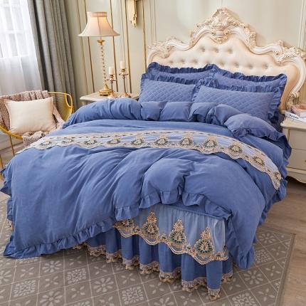 屹成家纺 2024新款天竺棉夹棉床裙四件套 格调蓝