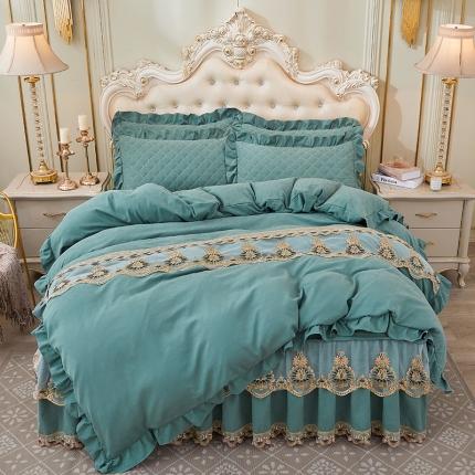 屹成家纺 2024新款天竺棉夹棉床裙四件套 孔雀绿