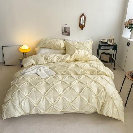 91家纺网 家纺一手货源 找家纺 千希家纺 2022网红韩版公主风三件套工艺扭花水洗棉磨毛四件套 玛奇朵-奶油黄